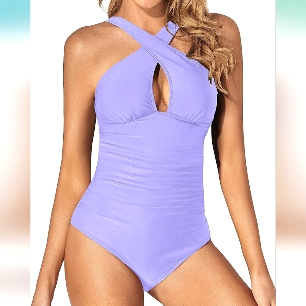 Tempt Me Lilac One Piece Bathing‎ Swimsuit Front Cross Keyhole Tummy Control